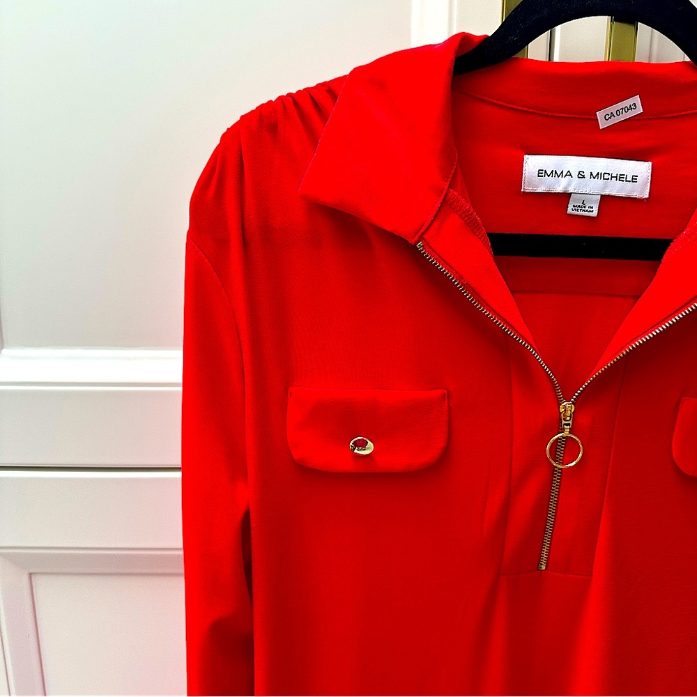 Emma & Michele Sophisticated Casual Corporate Bold Red Dress with Tie Belt - Picture 5 of 8